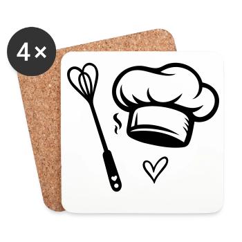 Kochmütze & Herz- Schneebesen - Kochen mit Liebe - Untersetzer (4er-Set) - Weiß - Vorne