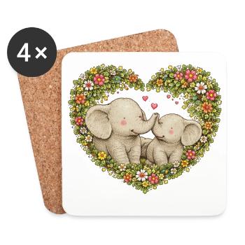 Floral Heart Elephants Kiss - Coasters (set of 4) - white - Front