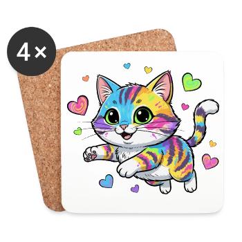 Regenbogenkatze mit Herzen - Untersetzer (4er-Set) - Weiß - Vorne