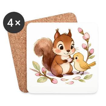Écureuil et Oiseau parmi les Fleurs – 🐿🐦 Aquarelle - Dessous de verre (lot de 4) - blanc - Devant