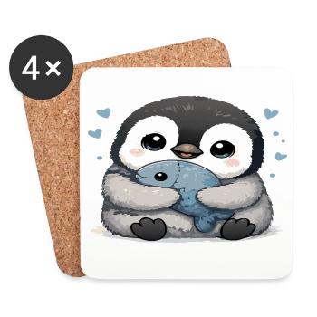Kuschelpinguin mit Fisch - Untersetzer (4er-Set) - Weiß - Vorne