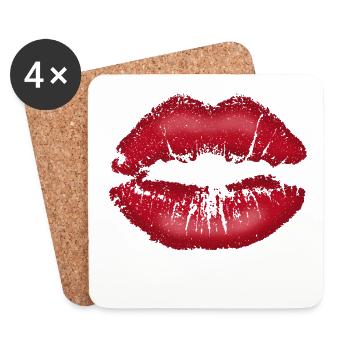 Kiss, love, repeat! Kissable Lips with Lipstick - Coasters (set of 4) - white - Front