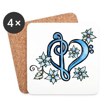 Cœur Bleu Aigu avec Floraison Florale - Dessous de verre (lot de 4) - blanc - Devant