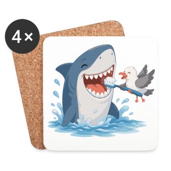 Requin se brossant les dents avec une mouette - Dessous de verre (lot de 4) - blanc - Devant