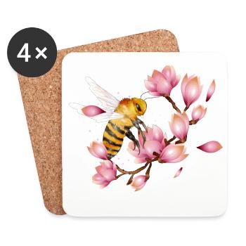 fliegende Biene mit Magnolien von Hand gezeichnet - Untersetzer (4er-Set) - Weiß - Vorne