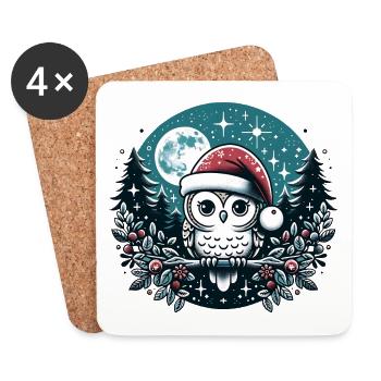 Petit hibou de Noël avec chapeau de Père Noël - Dessous de verre (lot de 4) - blanc - Devant