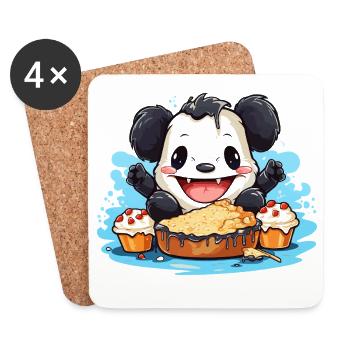 Panda de Kawaii avec festin de gâteau - Dessous de verre (lot de 4) - blanc - Devant