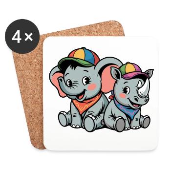 Éléphant mignon et rhinocéros – Amis animaux mignons - Dessous de verre (lot de 4) - blanc - Devant
