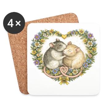 Floral Heart Mice Kiss - Coasters (set of 4) - white - Front