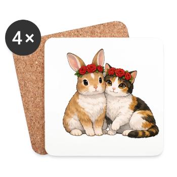 Kaninchen und Katze - Untersetzer (4er-Set) - Weiß - Vorne
