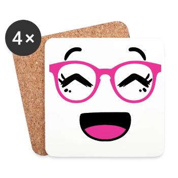 Cute face in kawaii style with pink glasses - Coasters (set of 4) - white - Front