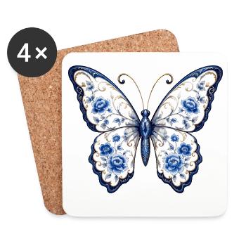 Blaues Blüten-Schmetterling Motiv - Untersetzer (4er-Set) - Weiß - Vorne