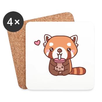Cute Red Panda Loves Bubble Milk Tea - Coasters (set of 4) - white - Front