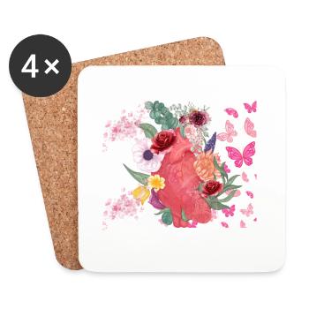 Cœur fleurs et papillons - Dessous de verre (lot de 4) - blanc - Devant