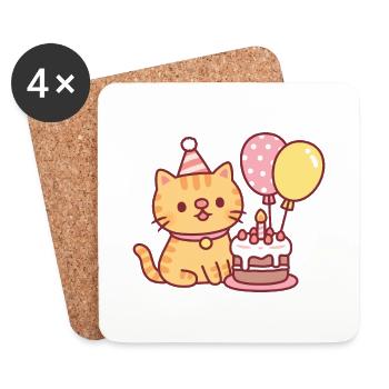 Cute Tabby Cat With Birthday Cake And Balloons - Coasters (set of 4) - white - Front