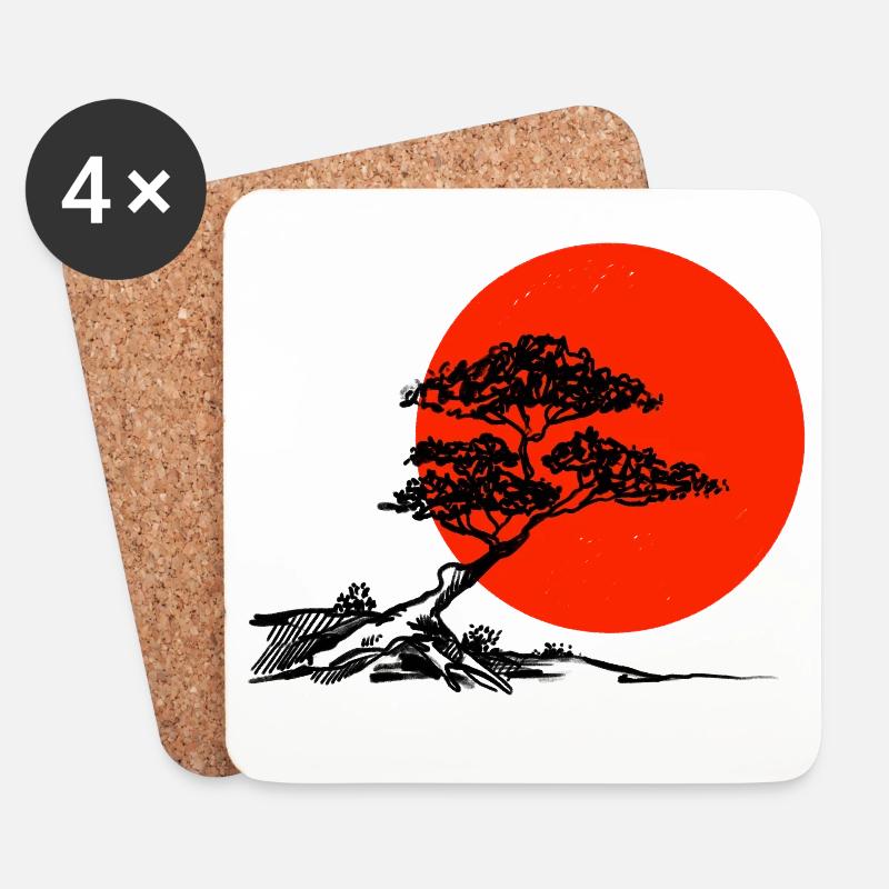 Bonsai mit Roter Sonne - Untersetzer (4er-Set) - Weiß