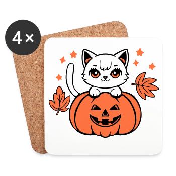Herbst Katze Weiß Kürbis Ahorn Blatt Süß Halloween - Untersetzer (4er-Set) - Weiß - Vorne