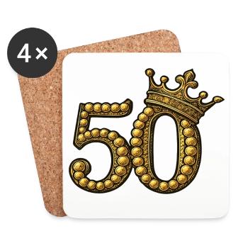 50 doré avec couronne – Motif d’anniversaire noble - Dessous de verre (lot de 4) - blanc - Devant