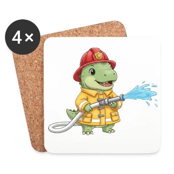 T-Rex Feuerwehr Dinosaurier Kinder Jungen - Untersetzer (4er-Set) - Weiß - Vorne