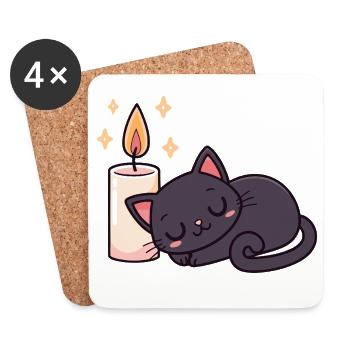 Schlafende schwarze Katze und helle Kerze - Untersetzer (4er-Set) - Weiß - Vorne