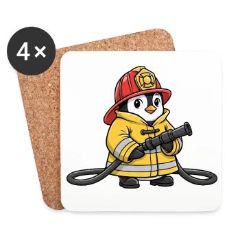 Mignon Pingouin Pompier, Sauveteur, Assistant de dessins animés, héros - Dessous de verre (lot de 4) - blanc - Devant