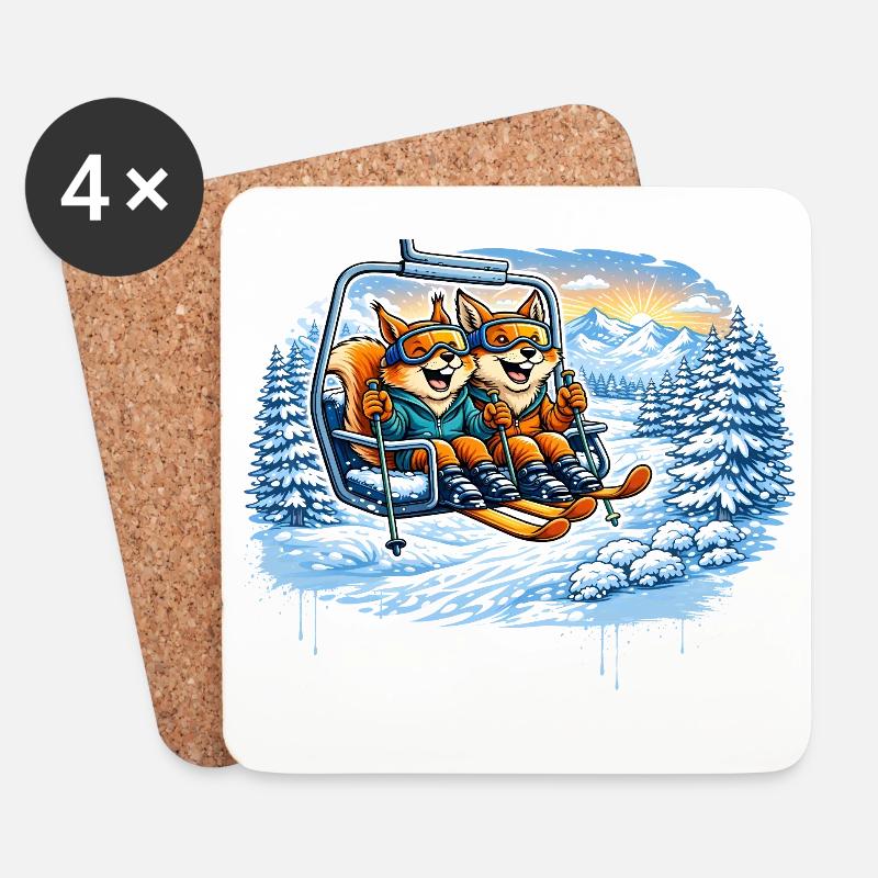 Eichhörnchen & Fuchs im Skilift – Winterspaß - Untersetzer (4er-Set) - Weiß