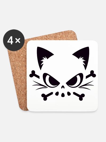 Katzen Totenkopf | Minimal Skull & Bones Motiv - Untersetzer (4er-Set) - Weiß