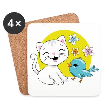 The white kitten and the blue birdie - Coasters (set of 4) - white - Front