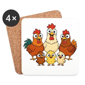 Poules, coqs et poussins - Dessous de verre (lot de 4) - blanc - Devant