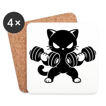 Muskelkatze mit Hanteln Fitness Motiv - Untersetzer (4er-Set) - Weiß - Vorne