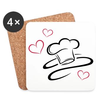 Cuisinier, logo, chapeau de chef avec trois coeurs - Dessous de verre (lot de 4) - blanc - Devant