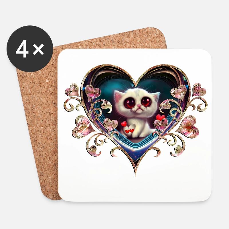 Valentinstag-Kätzchen - Untersetzer (4er-Set) - Weiß