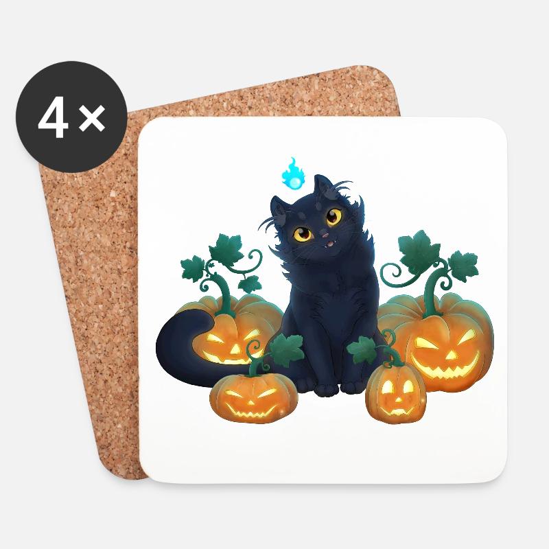 Süßes schwarzes Kätzchen und Halloween Kürbisse - Untersetzer (4er-Set) - Weiß