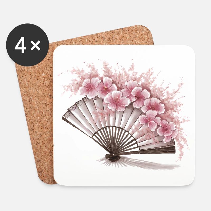 Geblümter japanischer Fächer - Untersetzer (4er-Set) - Weiß