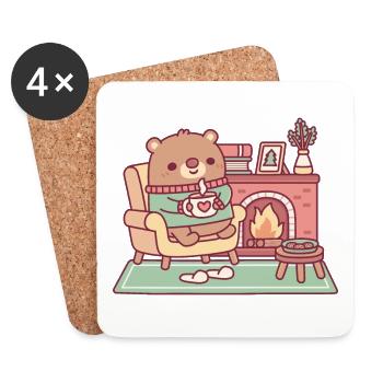 Cute Brown Bear And Cozy Fireplace - Coasters (set of 4) - white - Front