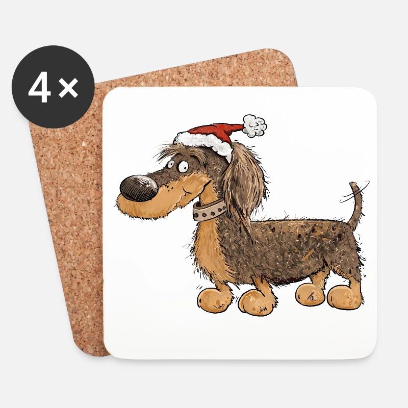 Lustiger Weihnachts-Dackel mit Mütze - Untersetzer (4er-Set) - Weiß