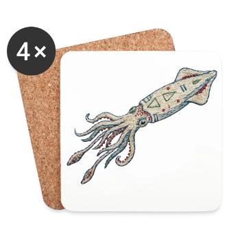 Embroidered squid – sea design (printed) - Coasters (set of 4) - white - Front