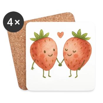 Kuschelige Erdbeeren Liebe Herz Pärchen Paar  - Untersetzer (4er-Set) - Weiß - Vorne