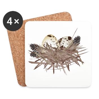 Œufs de caille dans le nid avec plumes de pintade - Dessous de verre (lot de 4) - blanc - Devant