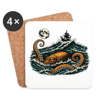 Kraken Sea Monster Vintage Sailing Ship Octopus - Coasters (set of 4) - white - Front