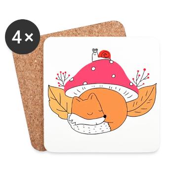 Un renard mignon dormant sous un champignon automne - Dessous de verre (lot de 4) - blanc - Devant