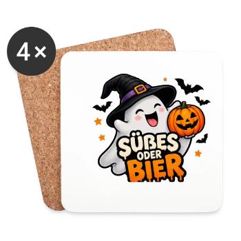 Süßes oder Bier – Lustiger Halloween Geist - Untersetzer (4er-Set) - Weiß - Vorne
