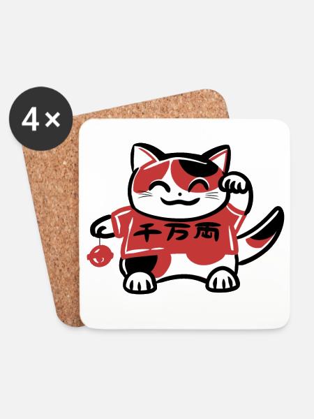 Japanische Glückskatze Maneki Neko - Untersetzer (4er-Set) - Weiß