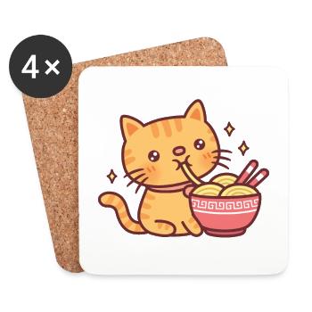 Mignon Tabby Cat Slurping Ramen Noodles - Dessous de verre (lot de 4) - blanc - Devant