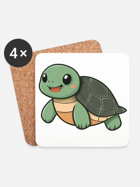 Cute Happy Turtle - Adorable and Cheerful Cartoon - Coasters (set of 4) - white