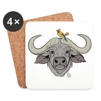 Buffle trapu avec oiseau chanteur - Dessous de verre (lot de 4) - blanc - Devant