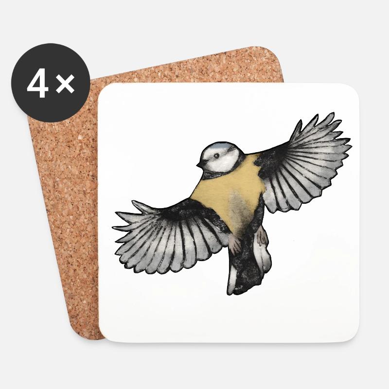 Bunter Vogel im Flug - Druckvorlage handgeschnitzt - Untersetzer (4er-Set) - Weiß
