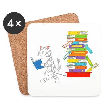 Lesekätzchen zieht Bücherwagen - Untersetzer (4er-Set) - Weiß - Vorne