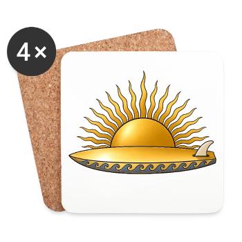 Soleil doré avec planche de surf et surfeur des vagues de mer - Dessous de verre (lot de 4) - blanc - Devant