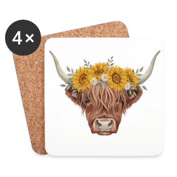 Vache des Highlands en couronne de tournesol - Dessous de verre (lot de 4) - blanc - Devant